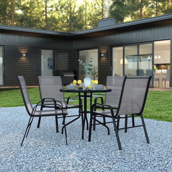 Flash Furniture 5PC Patio Set-31.5RD Glass Table, 4 Gray Chairs TLH-0702303C-GY-GG - main